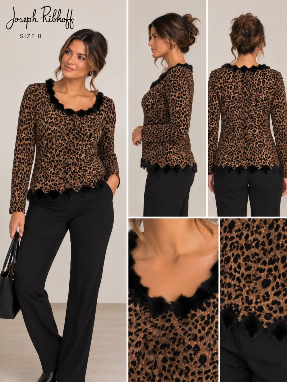 Vintage Joseph Ribkoff Leopard Print Fur Trim Top – Size 8